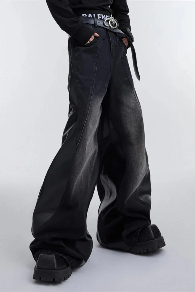 Wide Leg PU Leather Patchwork Jeans - Image 4