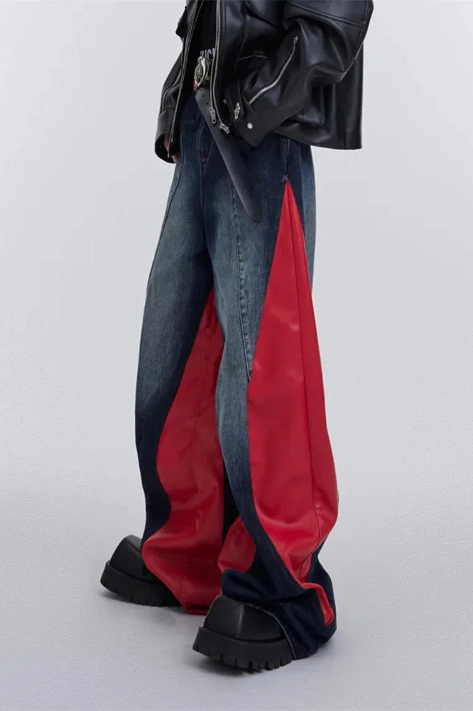 Wide Leg PU Leather Patchwork Jeans - Image 5