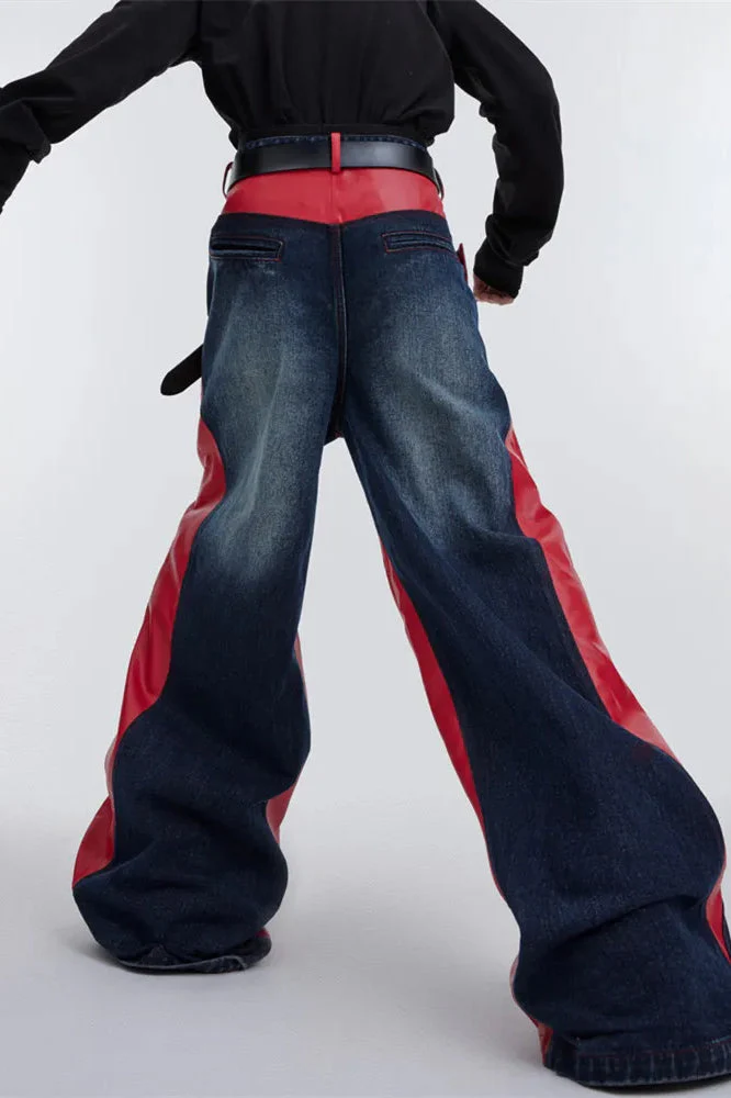 Wide Leg PU Leather Patchwork Jeans - Image 8