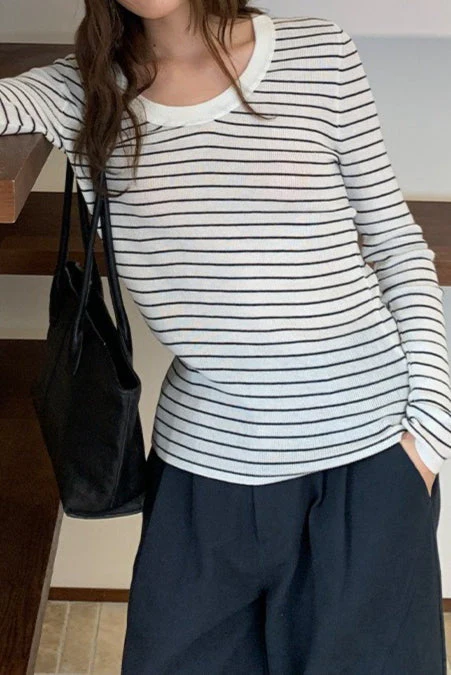 Wool Striped Round Neck Knit Top - Image 2