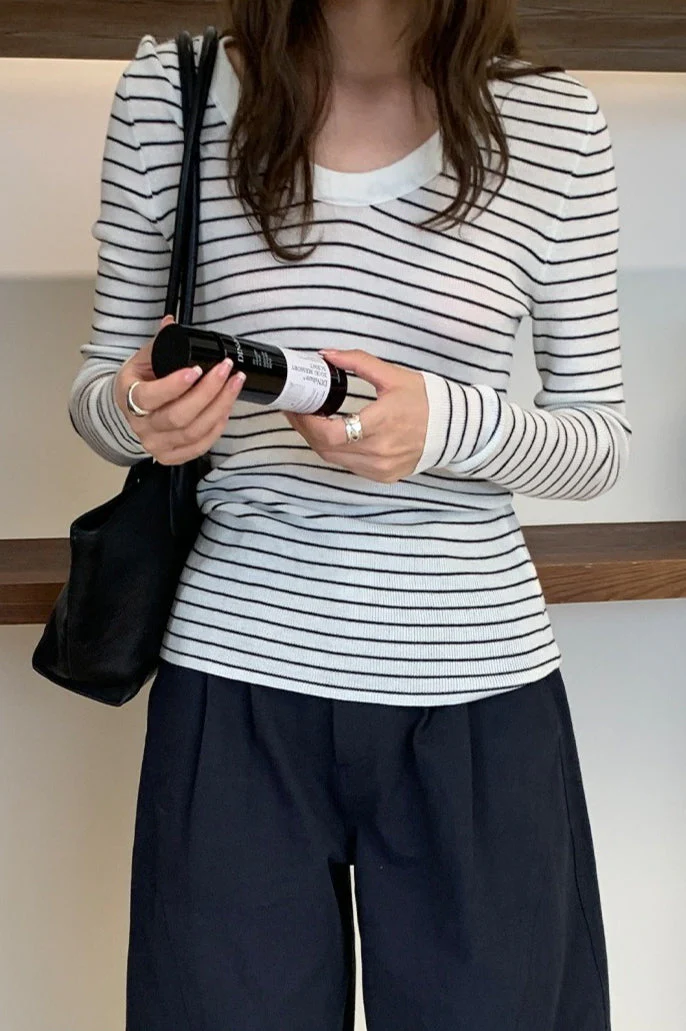 Wool Striped Round Neck Knit Top - Image 3