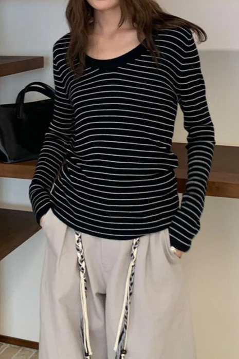 Wool Striped Round Neck Knit Top - Image 4