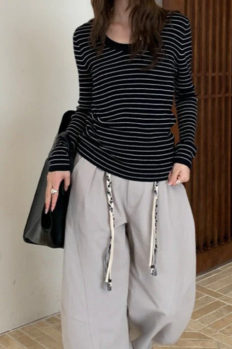 Wool Striped Round Neck Knit Top - Image 5