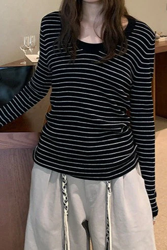 Wool Striped Round Neck Knit Top - Image 6