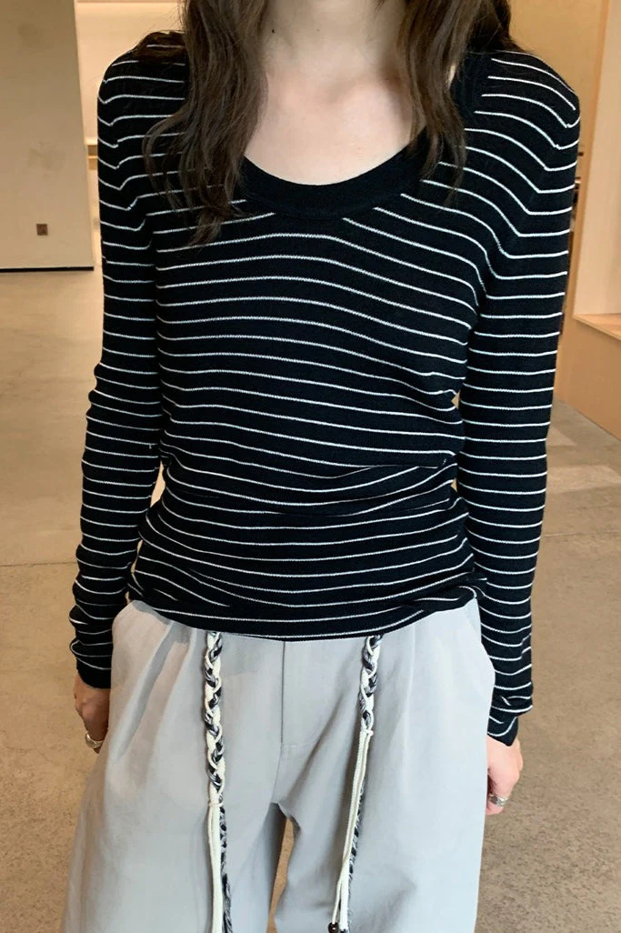 Wool Striped Round Neck Knit Top - Image 7