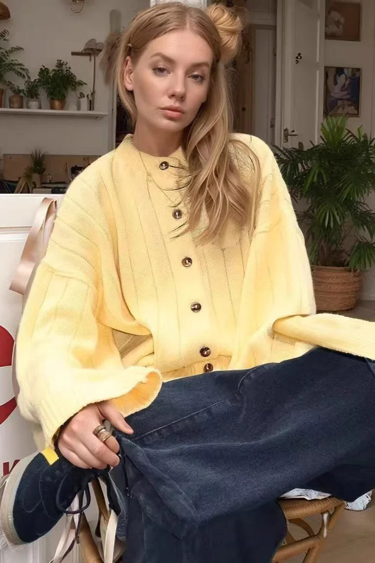 Yellow Ribbed Round Neck Knit Cardigan - Image 10