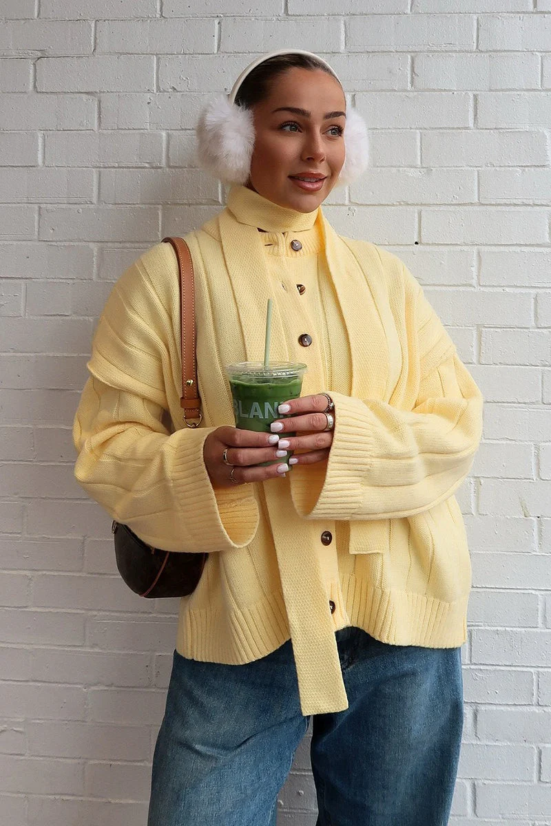Yellow Ribbed Round Neck Knit Cardigan - Image 2