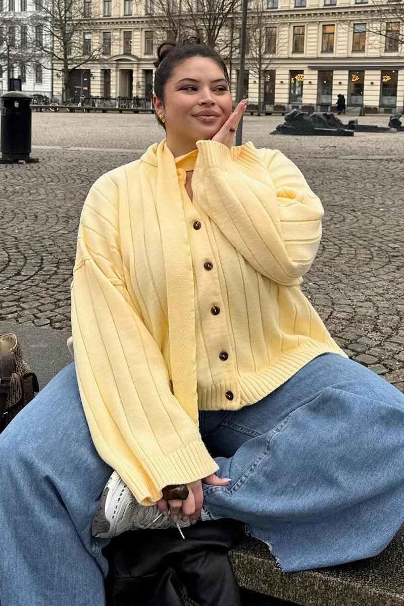 Yellow Ribbed Round Neck Knit Cardigan - Image 3