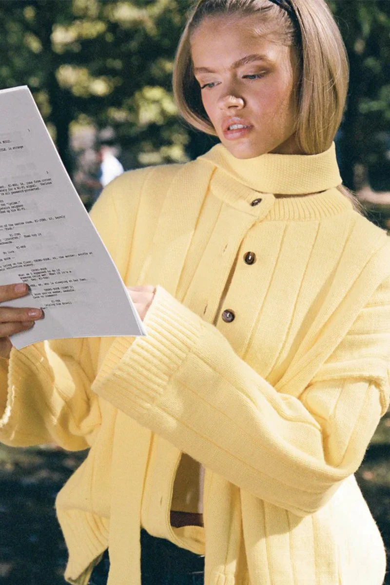 Yellow Ribbed Round Neck Knit Cardigan - Image 5