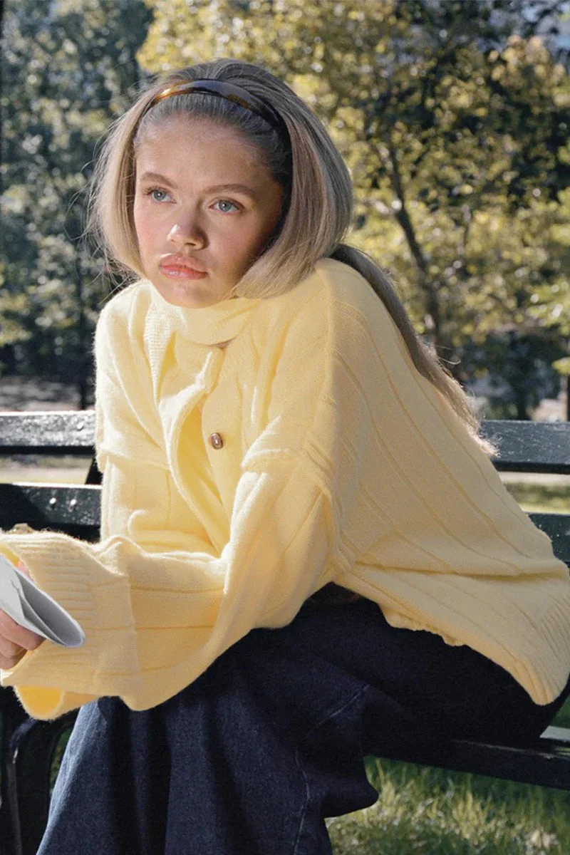 Yellow Ribbed Round Neck Knit Cardigan - Image 6