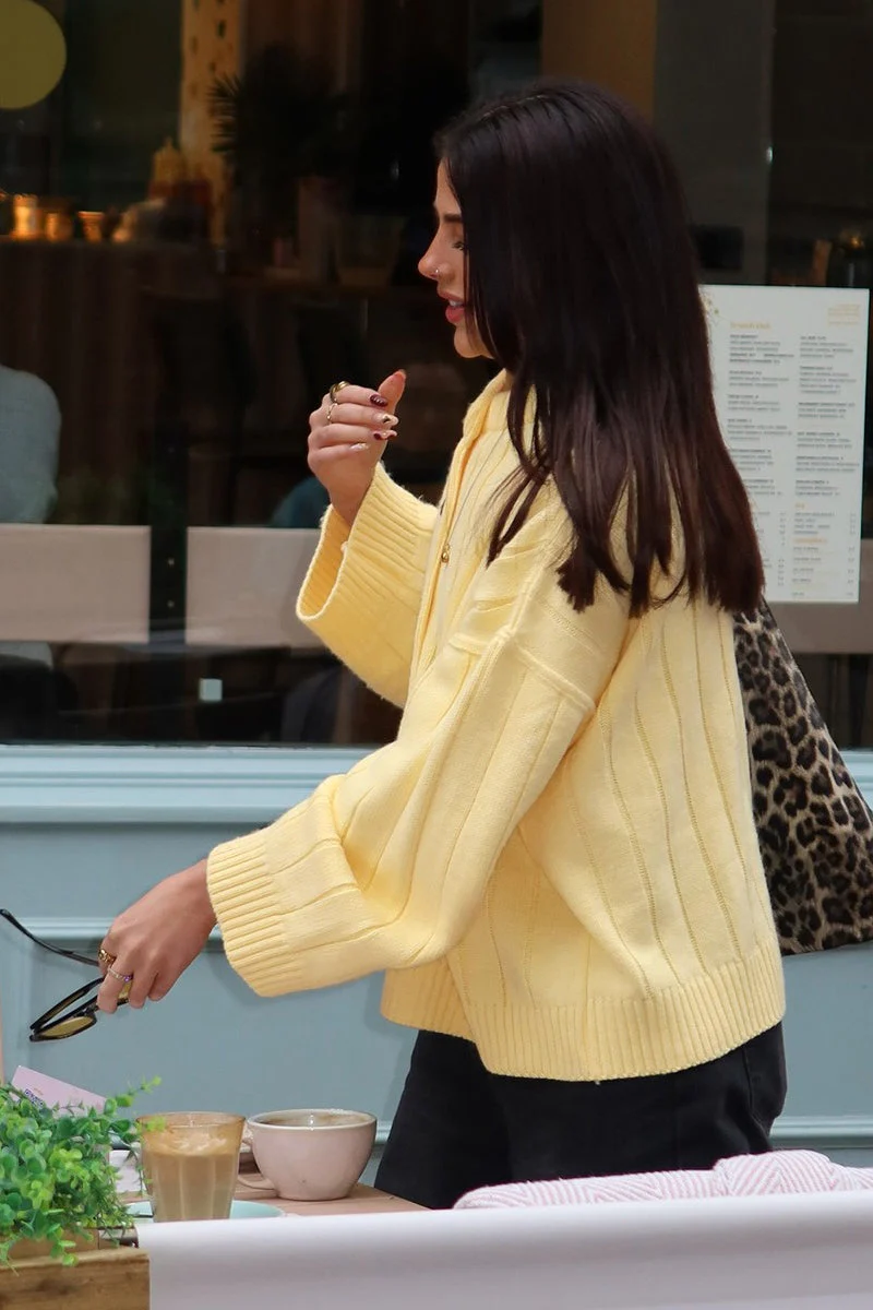 Yellow Ribbed Round Neck Knit Cardigan - Image 7