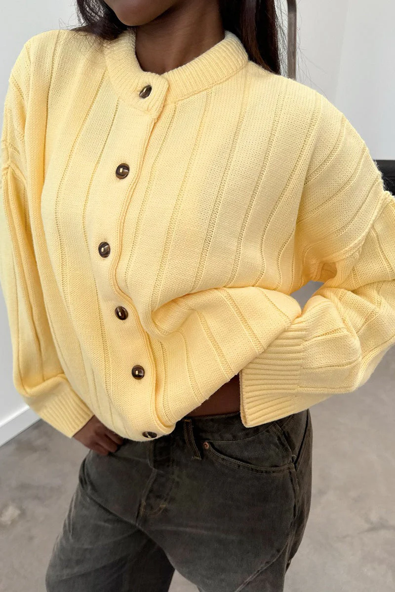 Yellow Ribbed Round Neck Knit Cardigan - Image 9