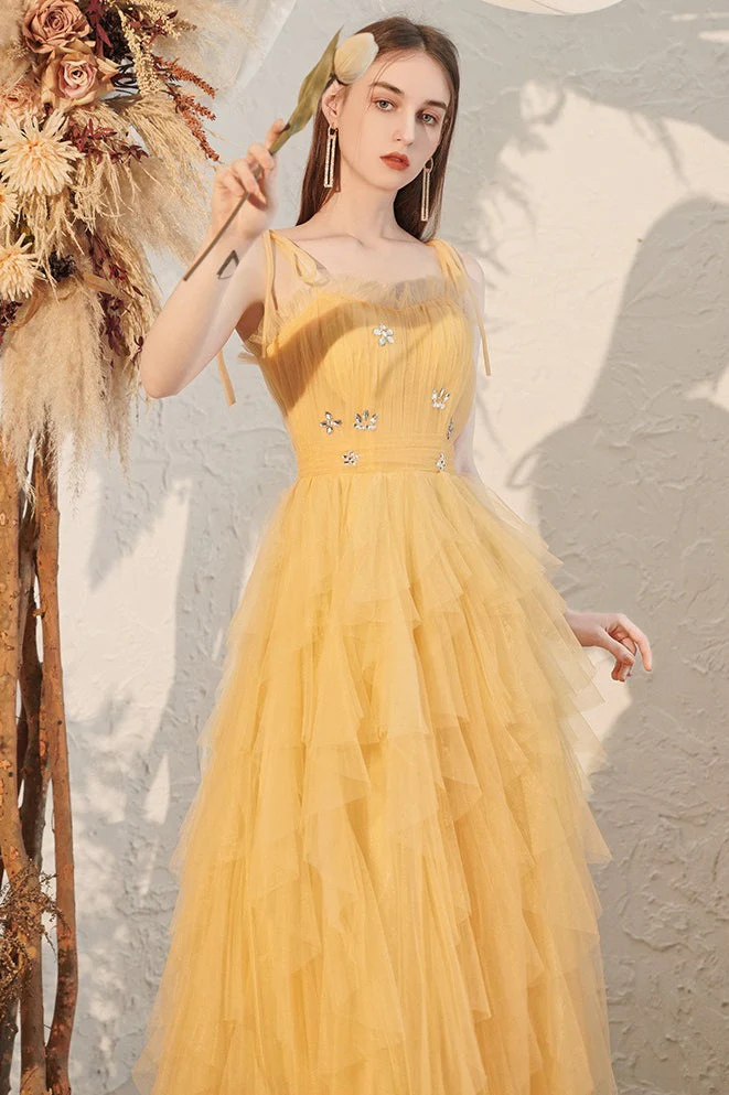 Yellow Spaghetti Strap Mini Formal Dress - Image 2