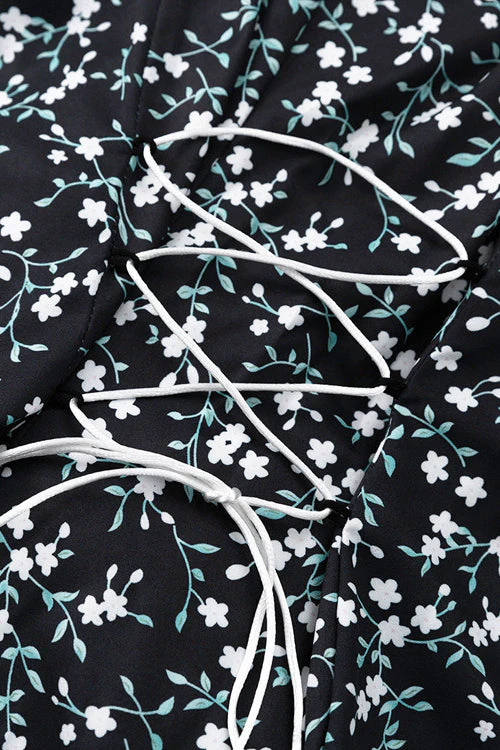 Flared Sleeve Round Neck Ruched Waist Floral Dress - Image 3