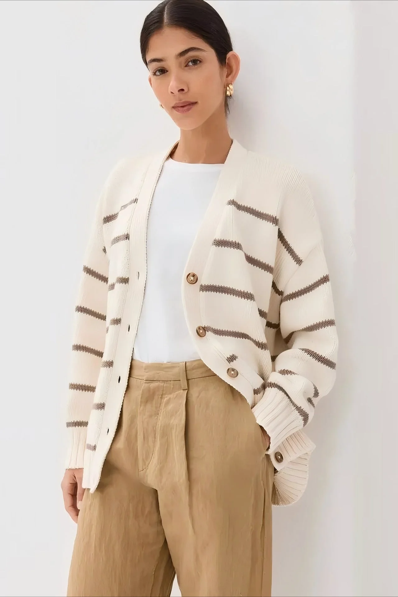 Flattering Striped V Neck Relaxed Knit Cardigan - Image 4