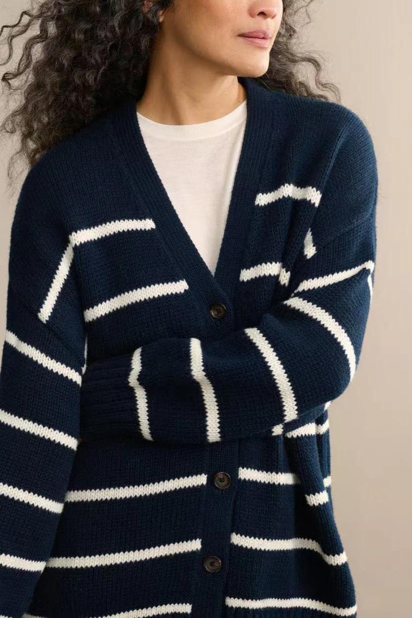 Flattering Striped V Neck Relaxed Knit Cardigan - Image 7