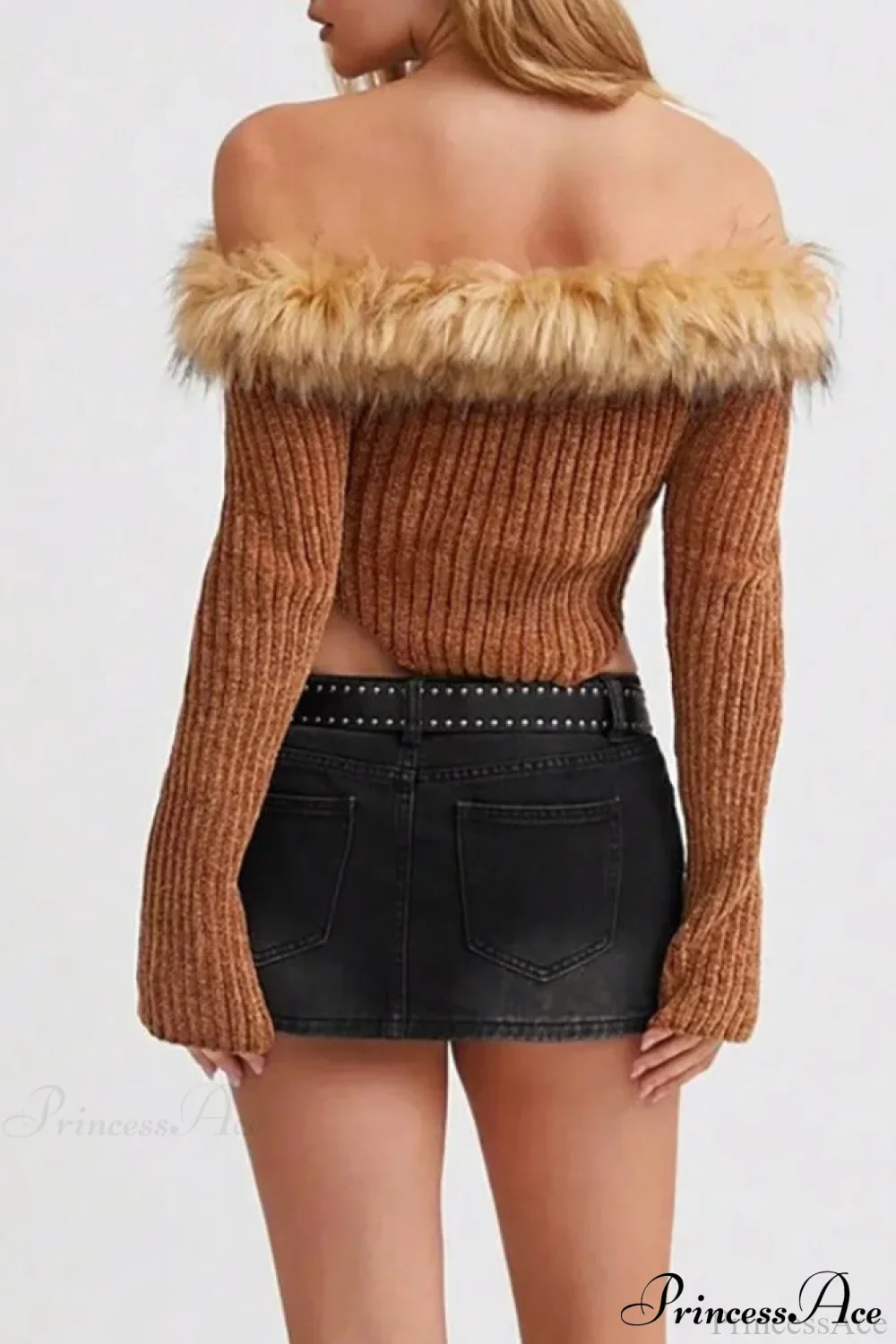 Fleece Collar Knit Off Shoulder Irregular Crop Top - Image 3