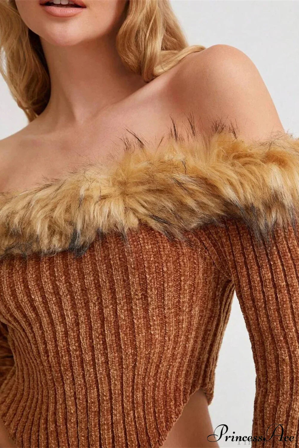 Fleece Collar Knit Off Shoulder Irregular Crop Top - Image 4