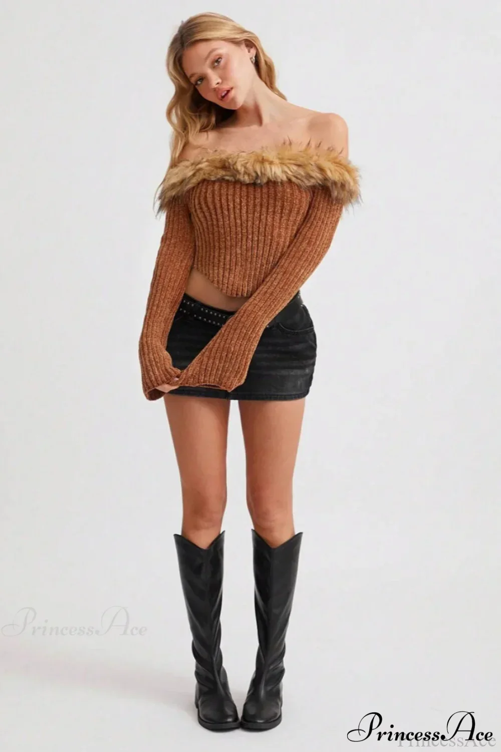 Fleece Collar Knit Off Shoulder Irregular Crop Top - Image 5