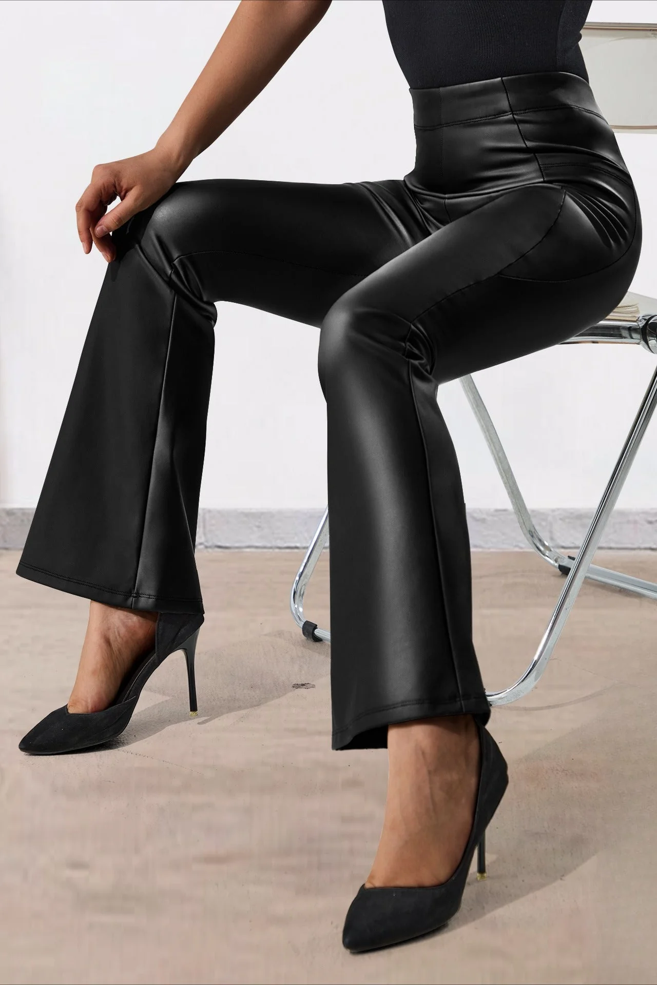 Fleece Lined Faux Leather Utility Flared Leggings - Image 2