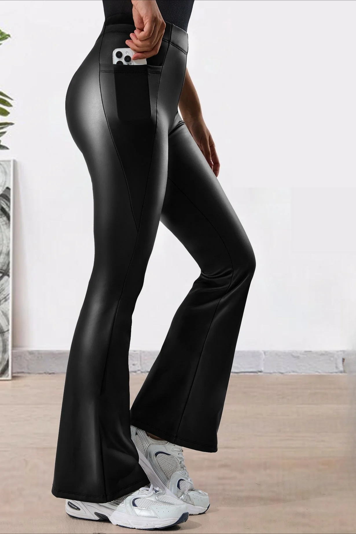 Fleece Lined Faux Leather Utility Flared Leggings - Image 3