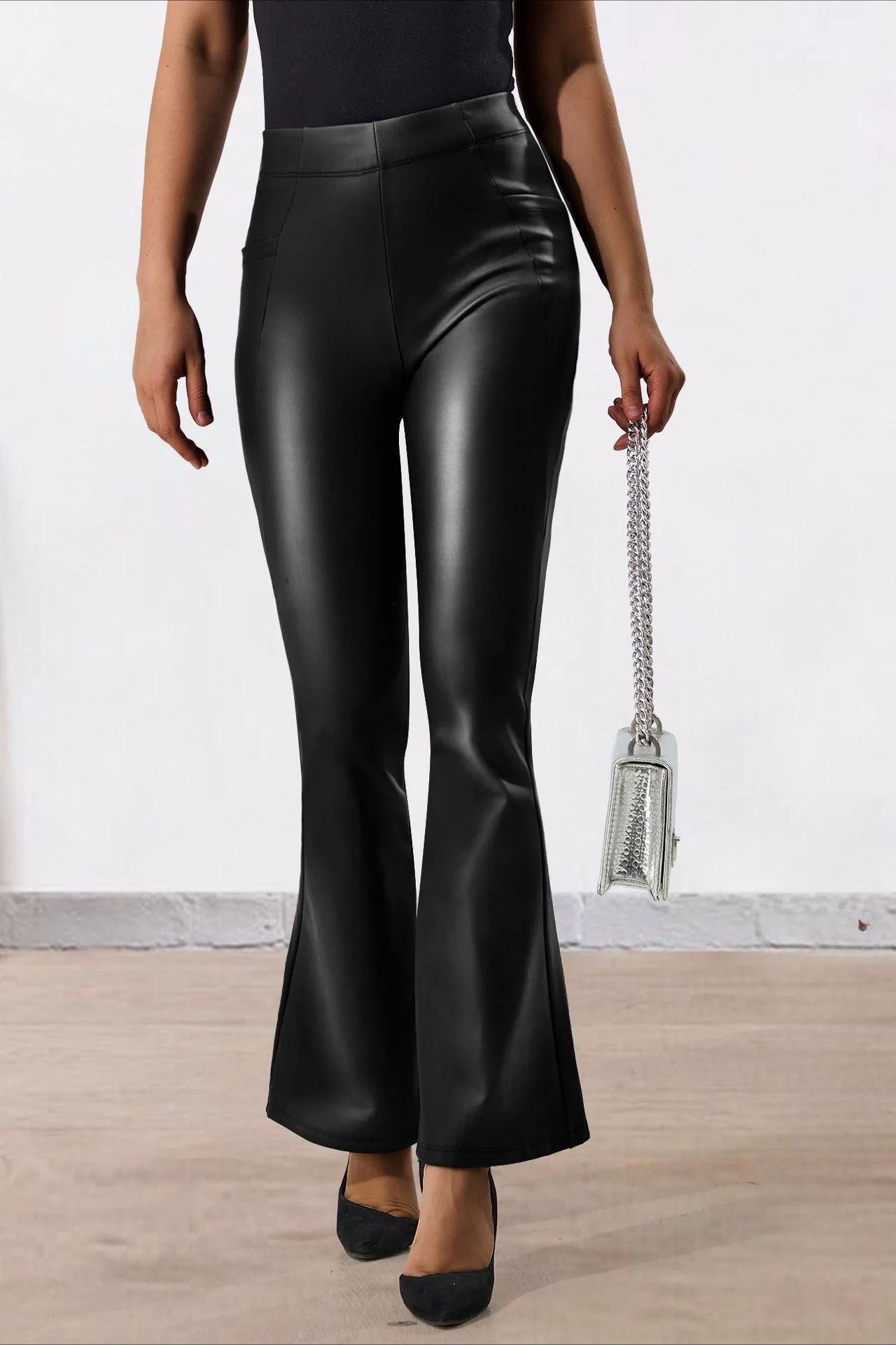 Fleece Lined Faux Leather Utility Flared Leggings - Image 4