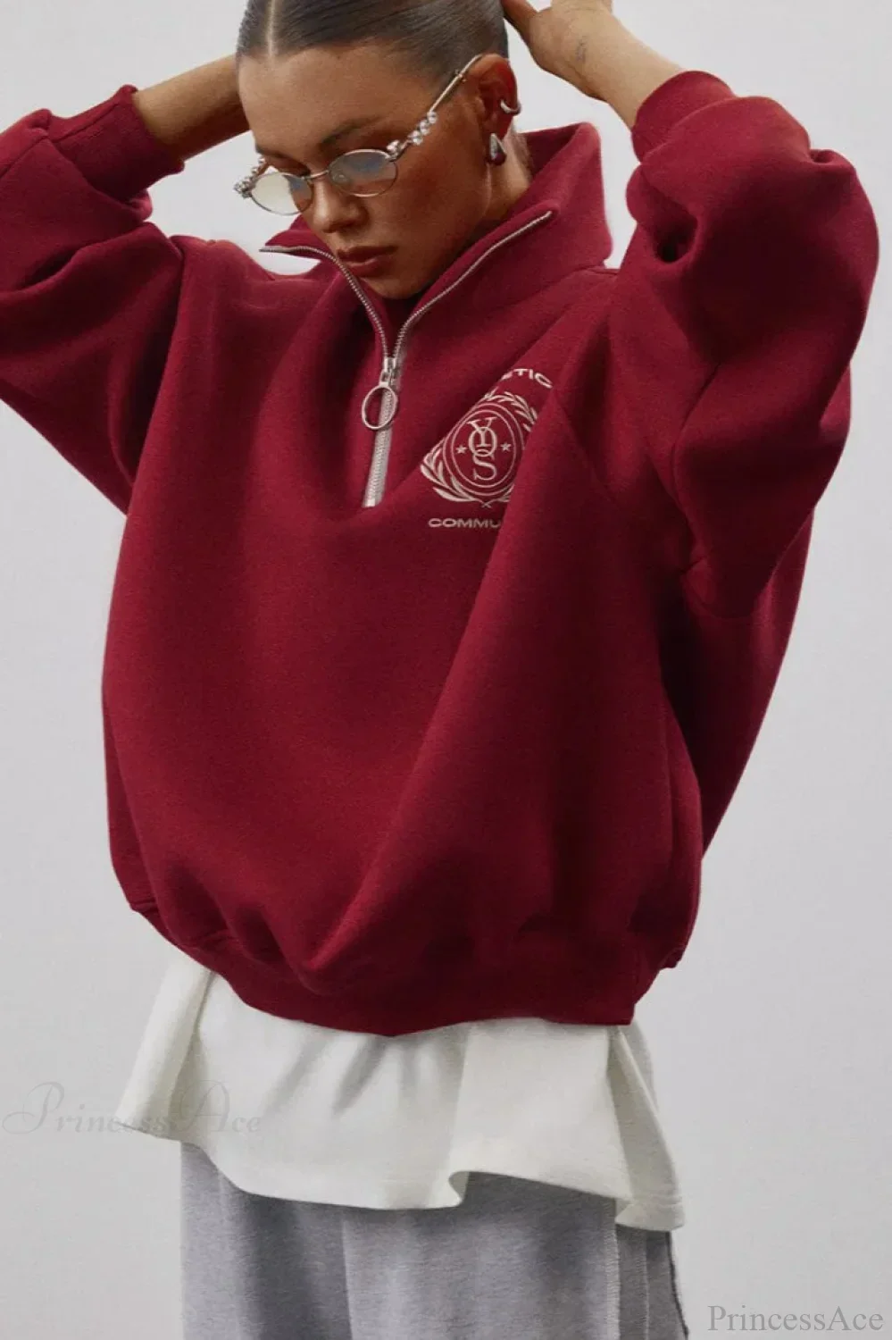 Fleece-Lined Letter Embroidery Stand Collar Half-Zip Sweatshirts - Image 4