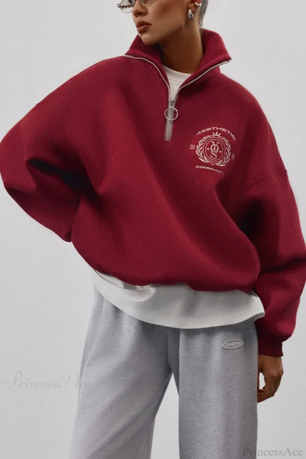 Fleece-Lined Letter Embroidery Stand Collar Half-Zip Sweatshirts - Image 5