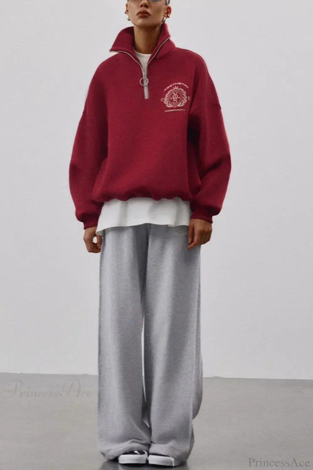 Fleece-Lined Letter Embroidery Stand Collar Half-Zip Sweatshirts - Image 6