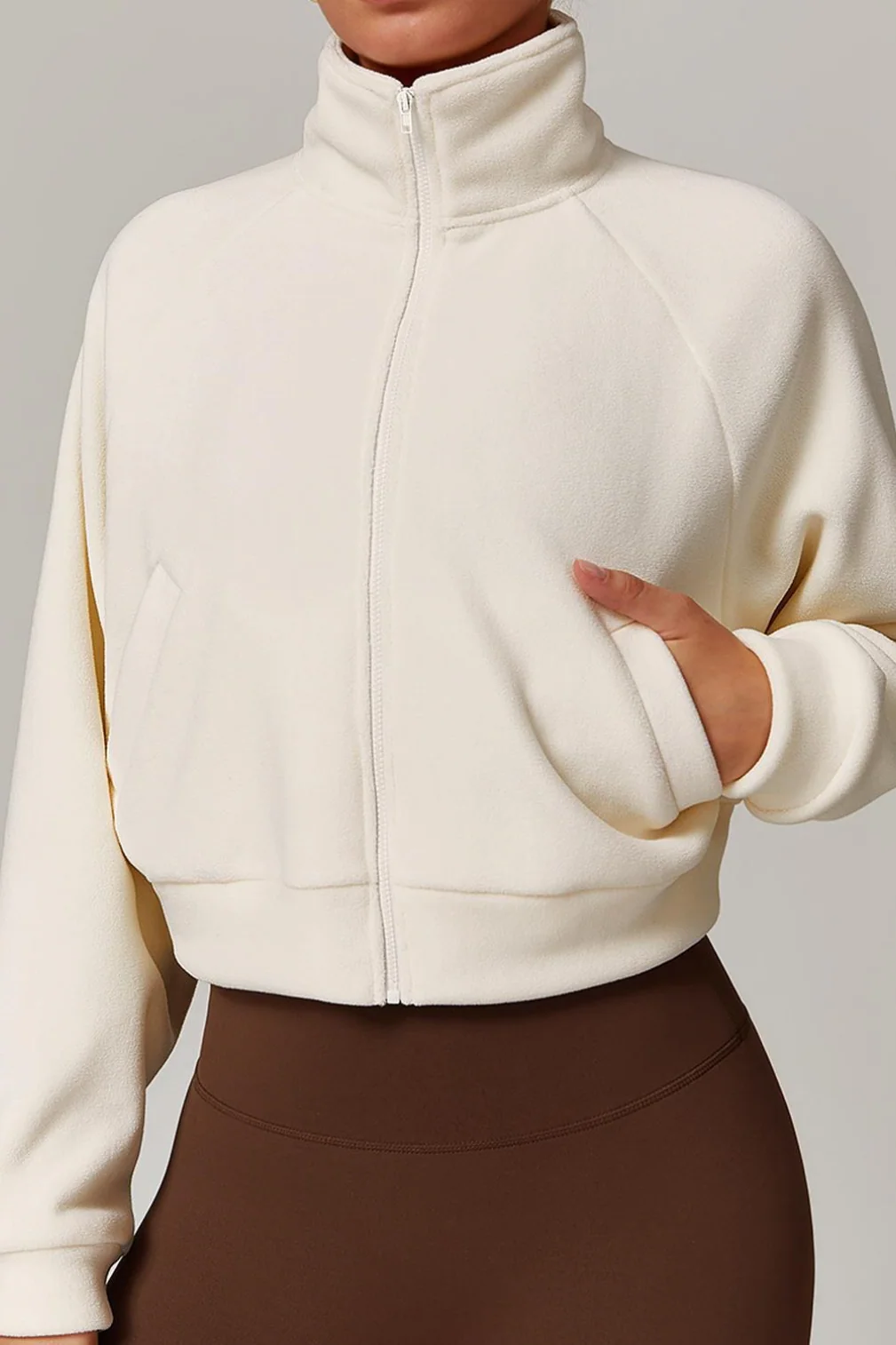 Fleece Lined Stand Collar Zip Yoga Warm Windproof Jacket - Image 3
