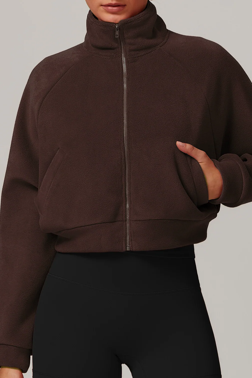 Fleece Lined Stand Collar Zip Yoga Warm Windproof Jacket - Image 4