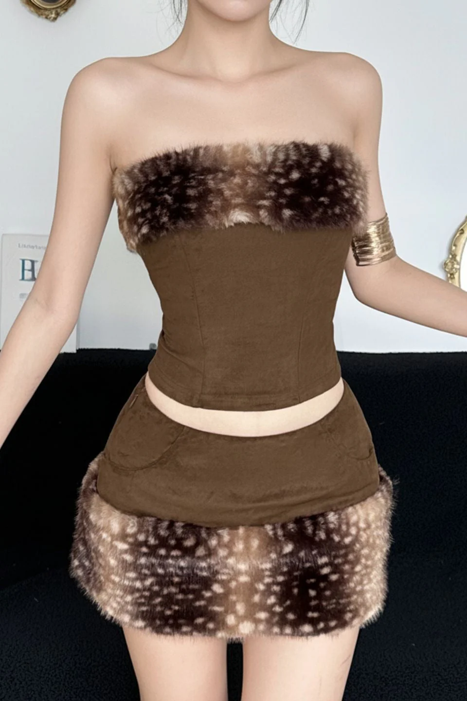 Fleece Patchwork Crop Tube Two Piece Set - Image 3