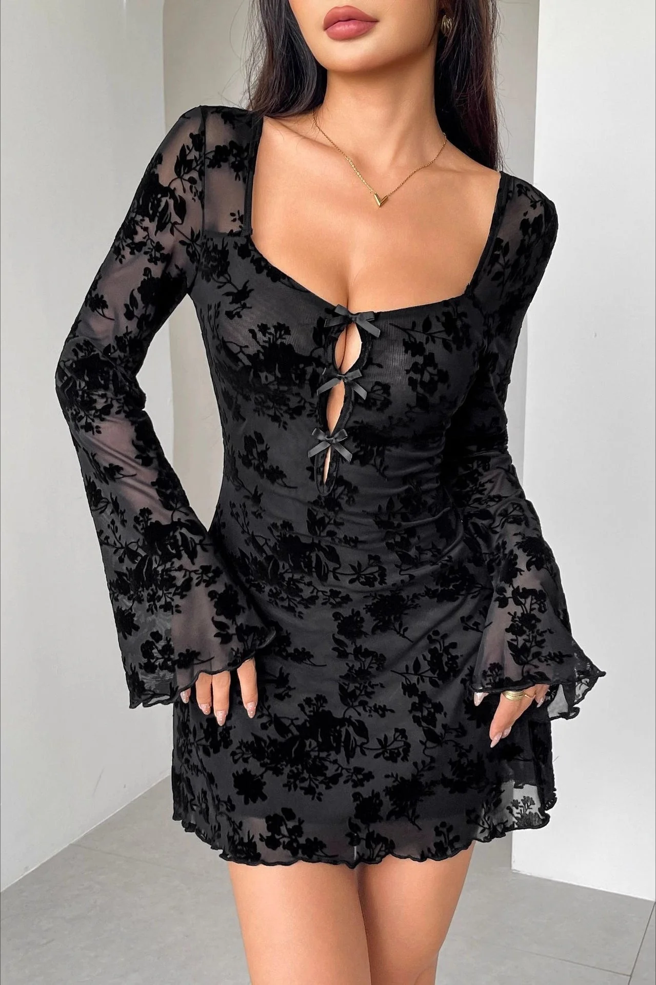 Flocked Floral Cutout Bow Long Sleeve Mini Dress - Image 3