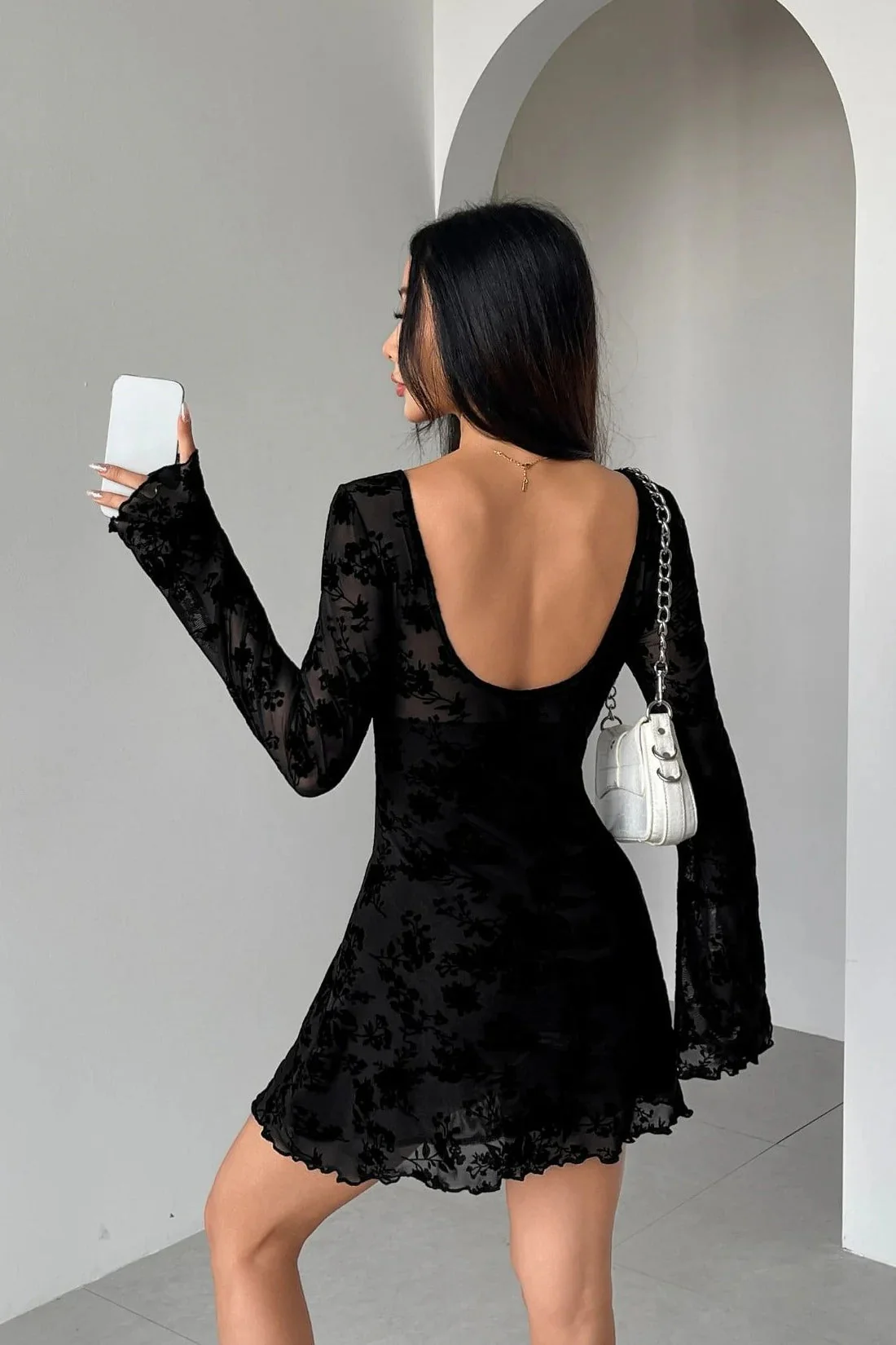 Flocked Floral Cutout Bow Long Sleeve Mini Dress - Image 4