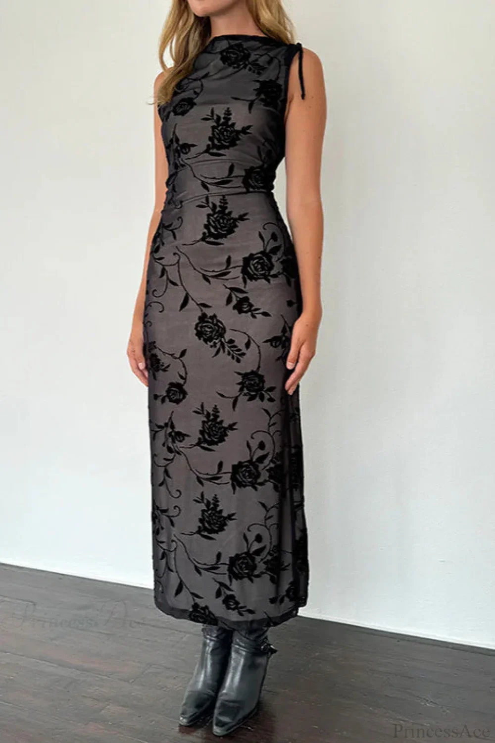 Flocked Mesh Sleeveless Bodycon Maxi Dress - Image 2