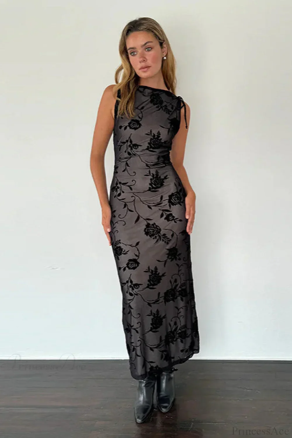 Flocked Mesh Sleeveless Bodycon Maxi Dress - Image 3