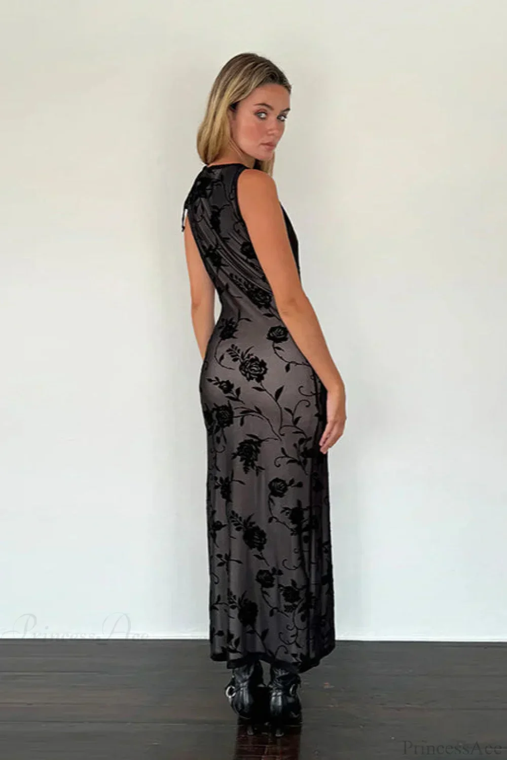 Flocked Mesh Sleeveless Bodycon Maxi Dress - Image 4