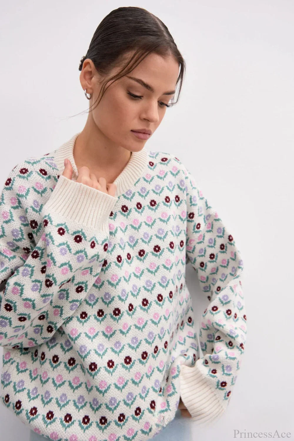 Floral Jacquard Crew Neck Knit Sweater - Image 5