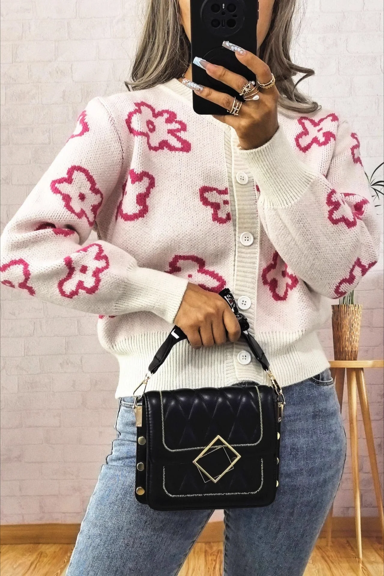 Floral Jacquard Short Single-Row Button Knit Cardigan - Image 4