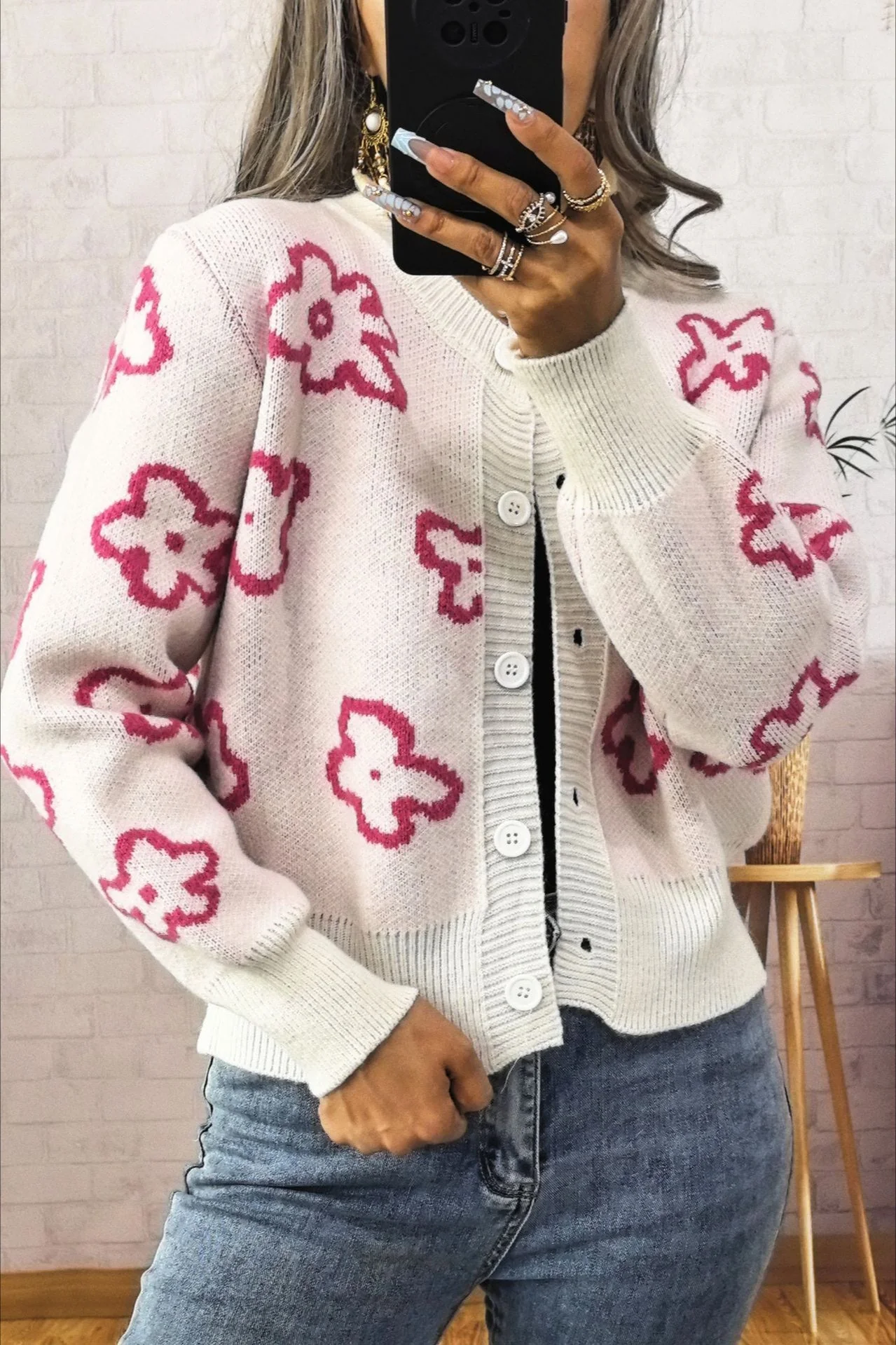 Floral Jacquard Short Single-Row Button Knit Cardigan - Image 5