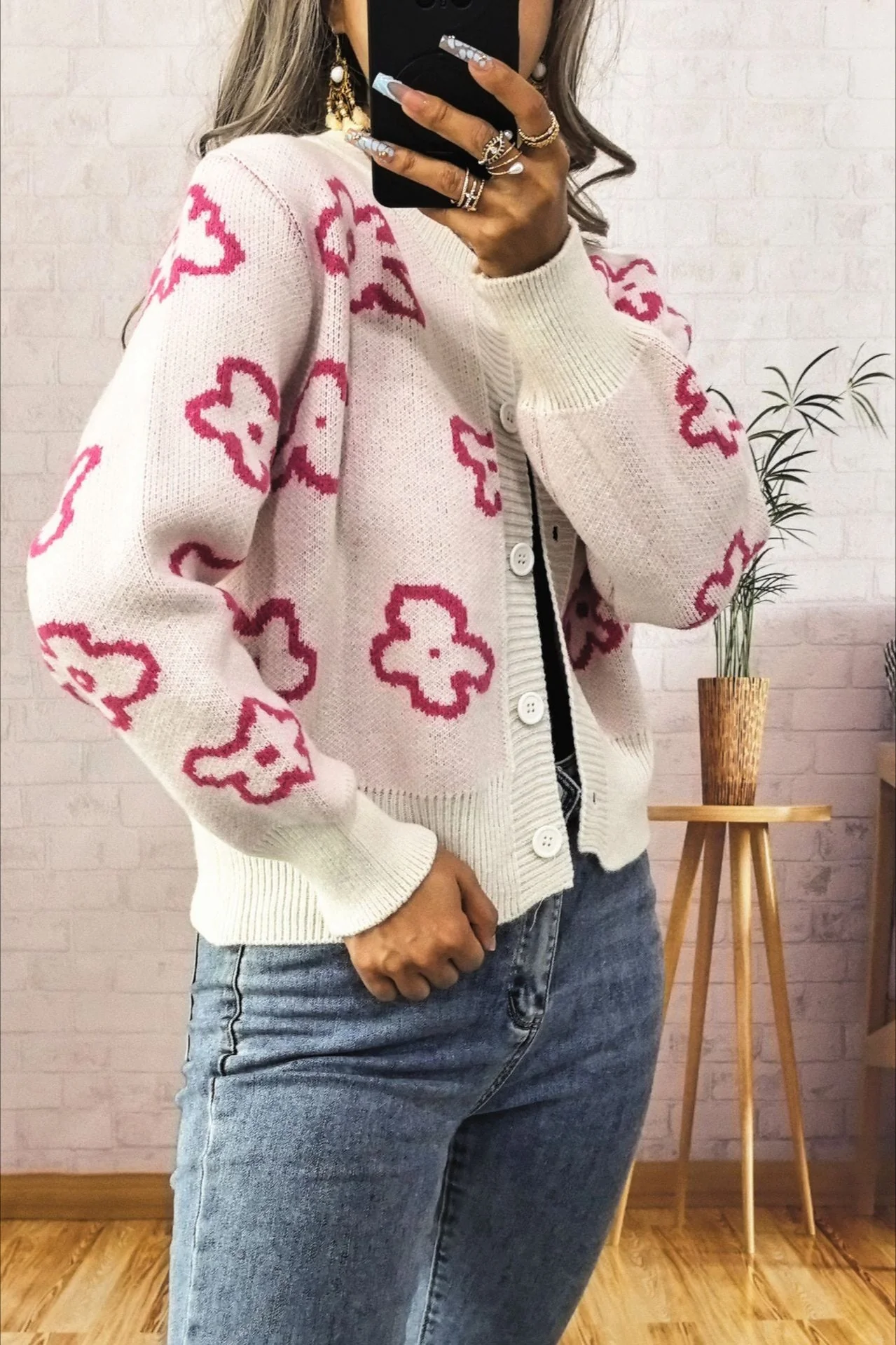 Floral Jacquard Short Single-Row Button Knit Cardigan - Image 6