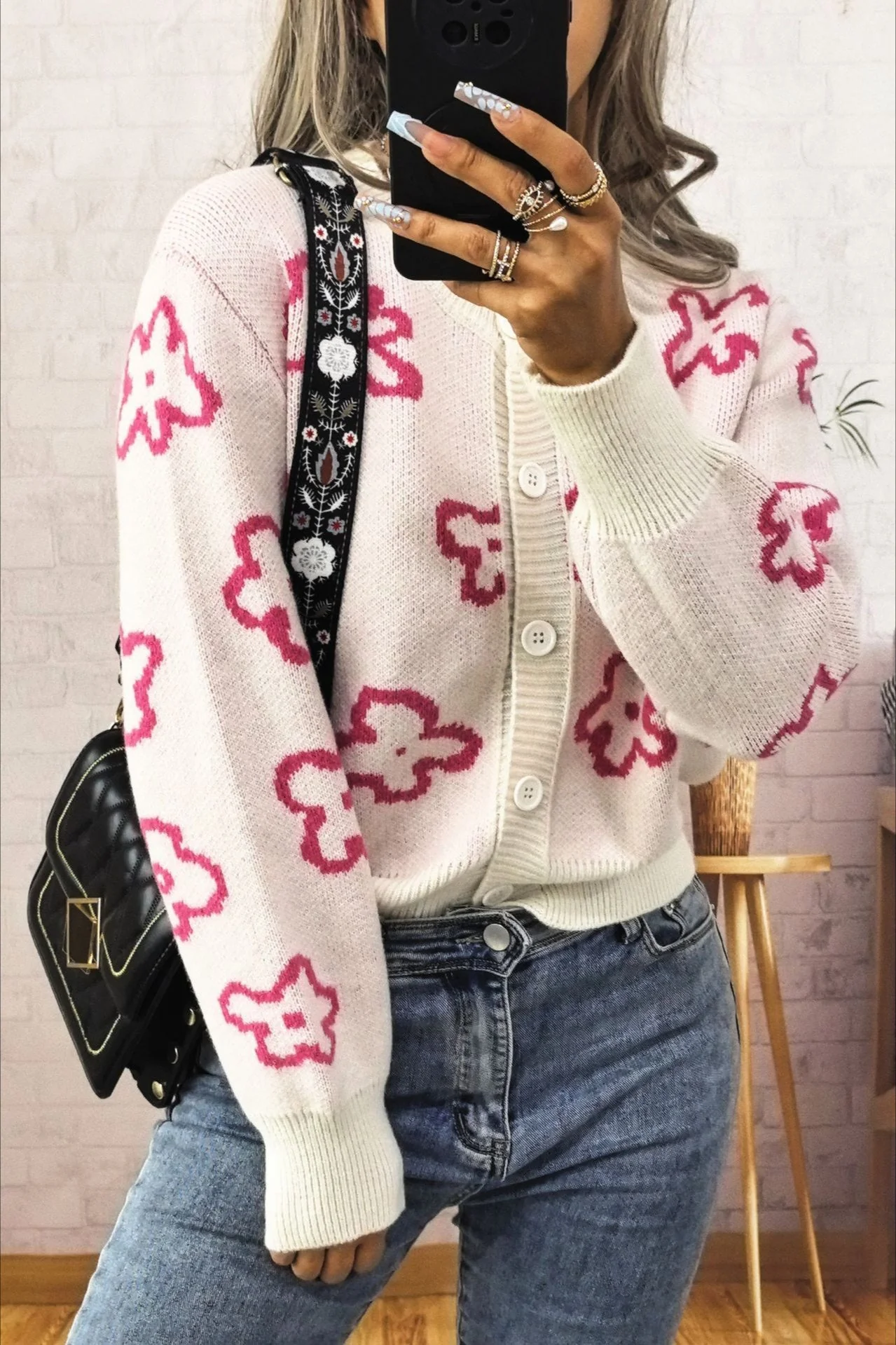 Floral Jacquard Short Single-Row Button Knit Cardigan - Image 7