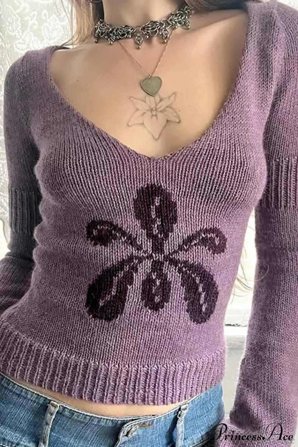 Floral Jacquard V-Neck Long-Sleeve Knit Top