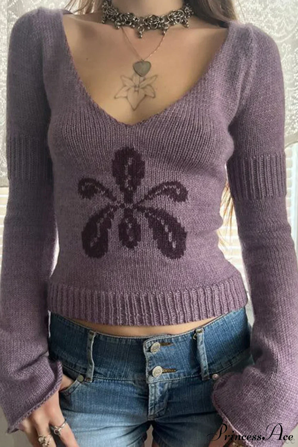 Floral Jacquard V-Neck Long-Sleeve Knit Top - Image 2