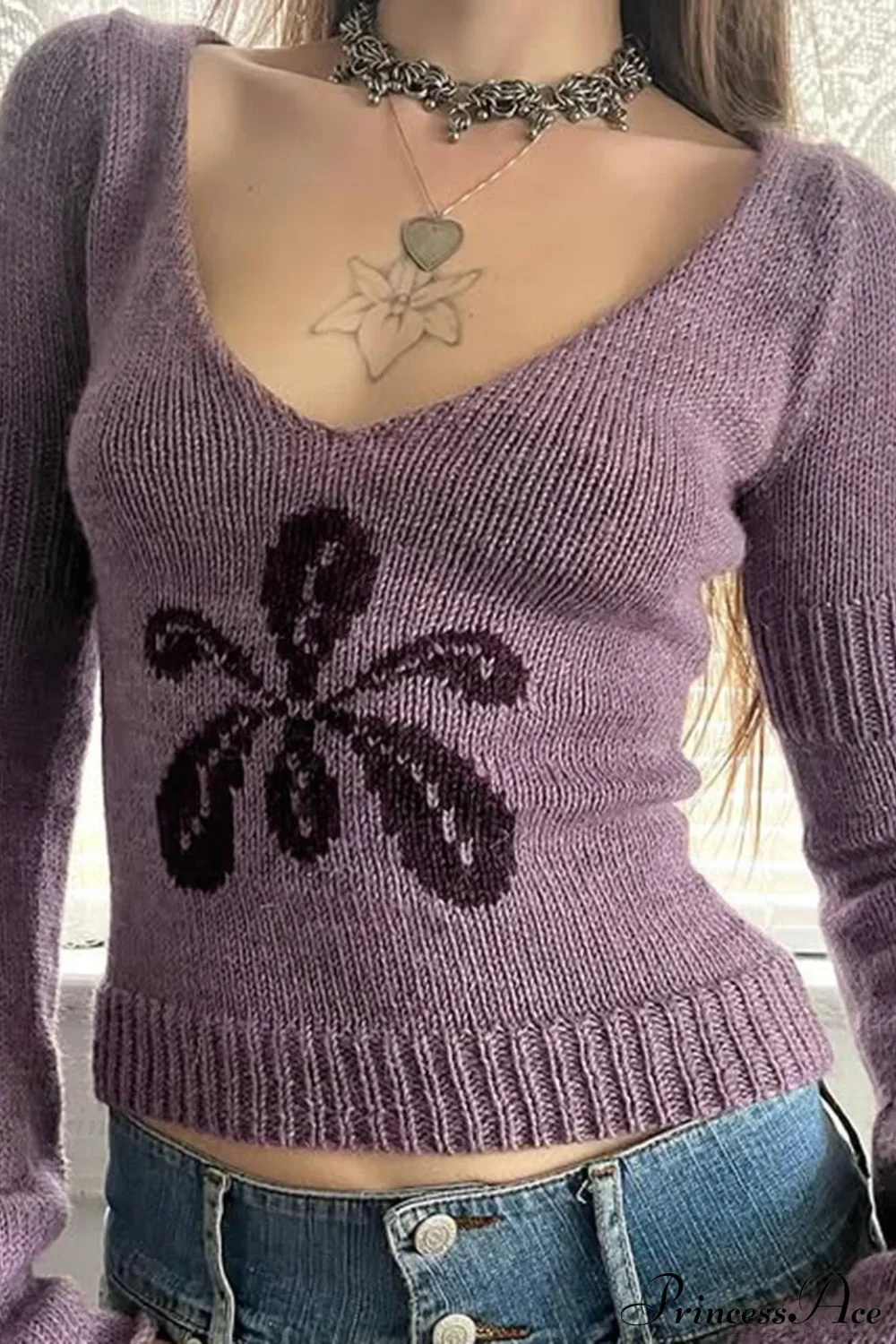 Floral Jacquard V-Neck Long-Sleeve Knit Top - Image 3
