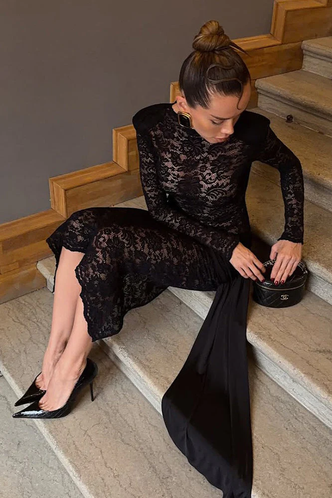 Floral Lace Cutout Sash Elegant Maxi Dress - Image 8