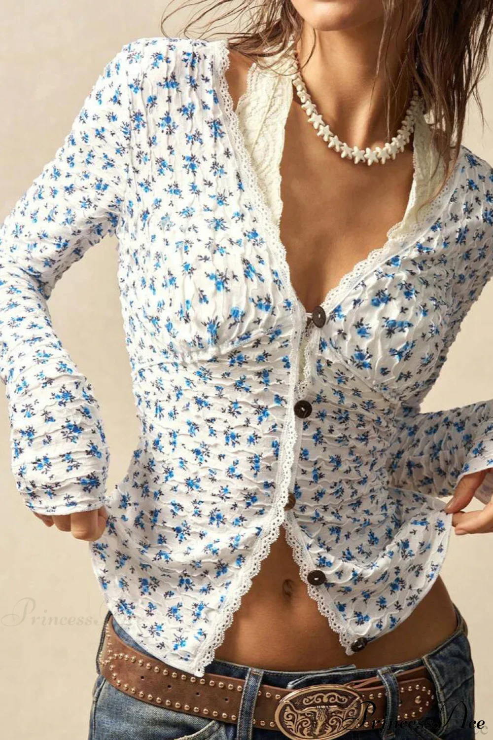 Floral Lace Panel Halter Fitted Blouse - Image 3