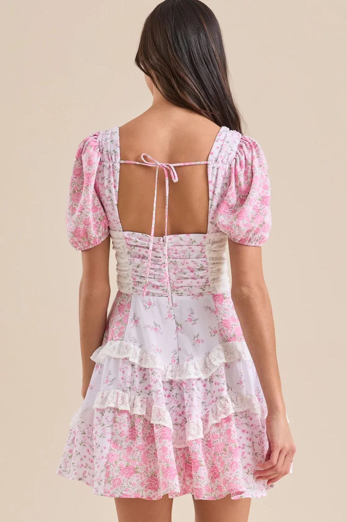 Floral Lace Patchwork V Neck Puff Short Sleeve Mini Dress - Image 10