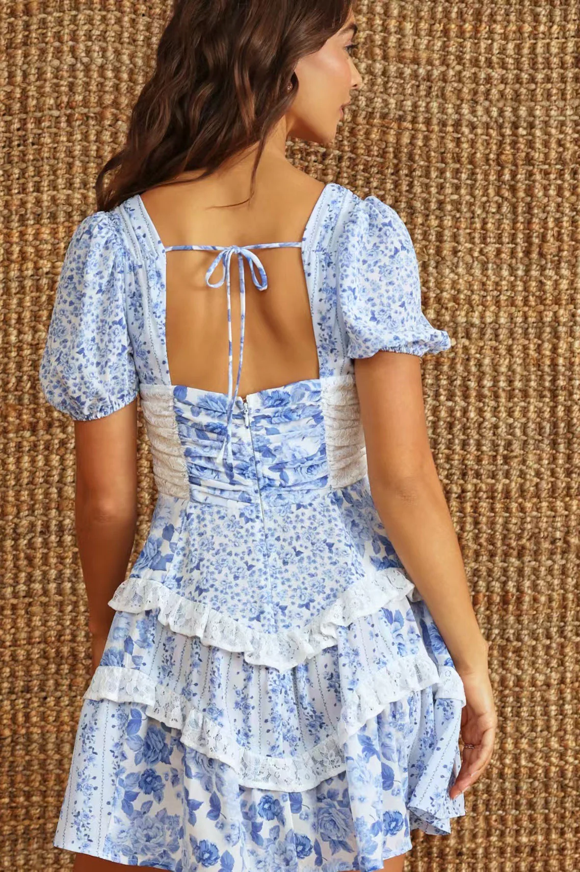 Floral Lace Patchwork V Neck Puff Short Sleeve Mini Dress - Image 14