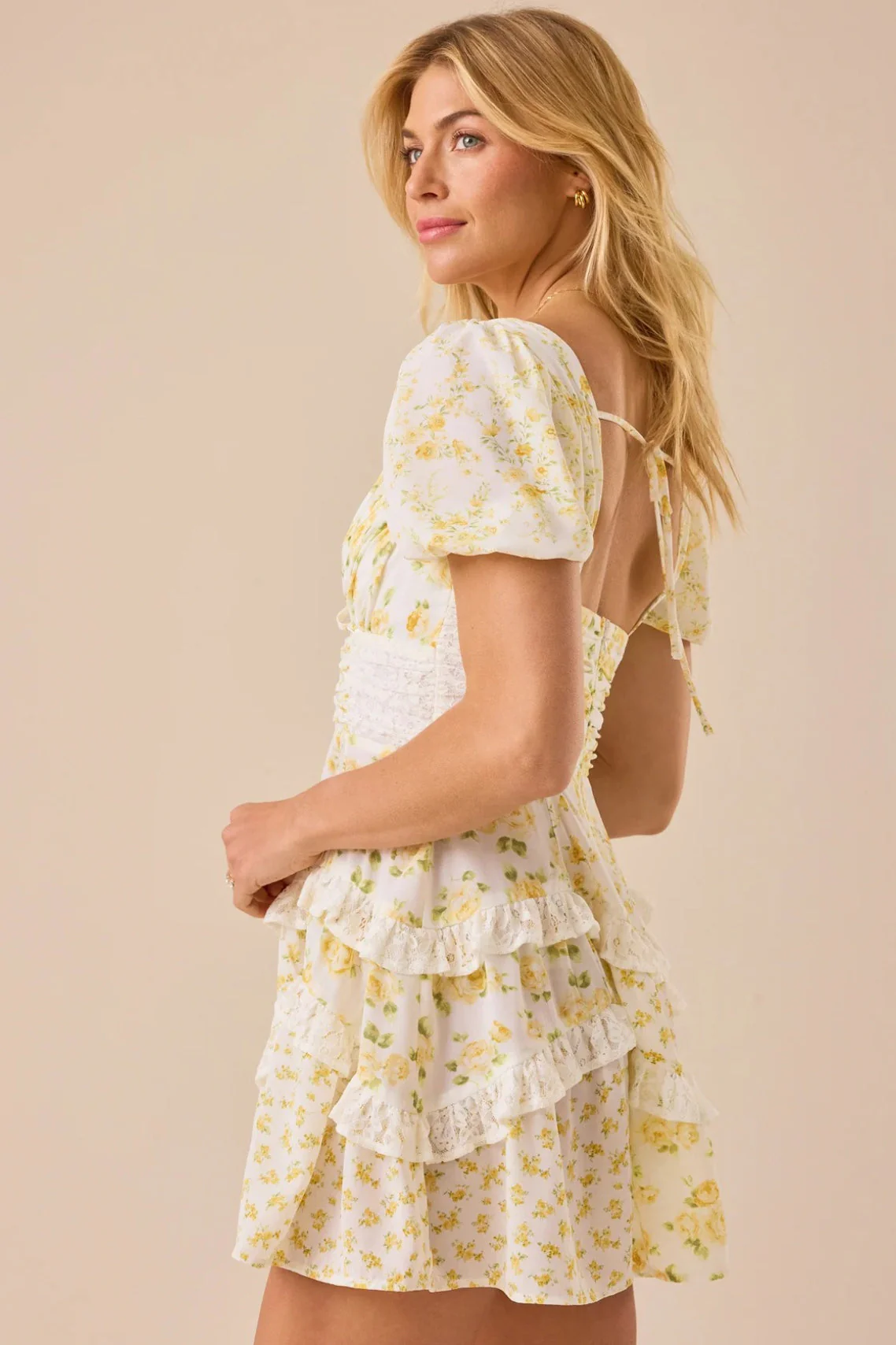Floral Lace Patchwork V Neck Puff Short Sleeve Mini Dress - Image 17